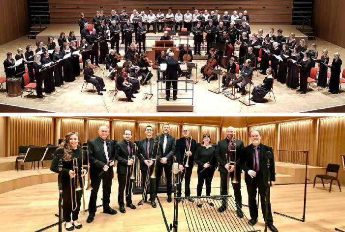 A montage with the Ex Cathedra choir and baroque ensemble on stage above an image of His Majesty's Sagbutts and Cornetts